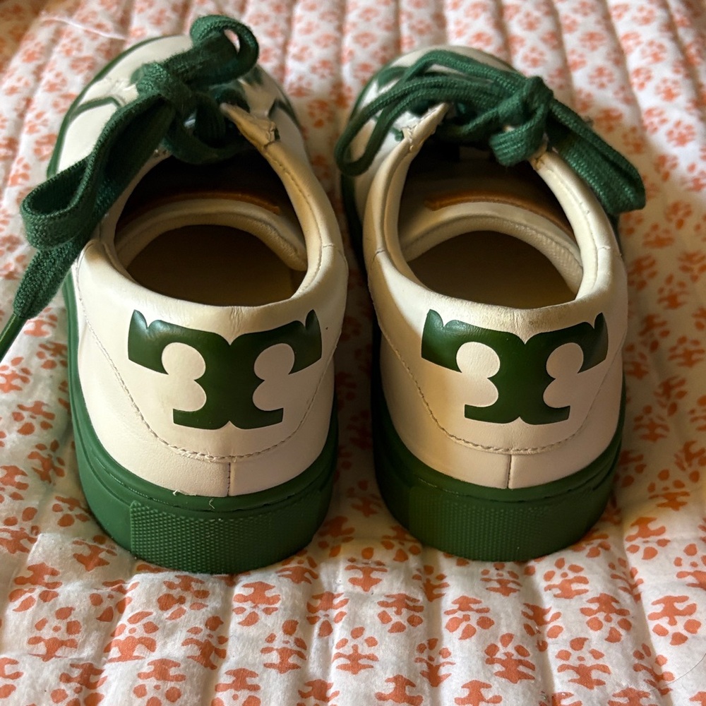 Tory Burch White Leather Sneakers with Green Accents - Picture 9 of 16